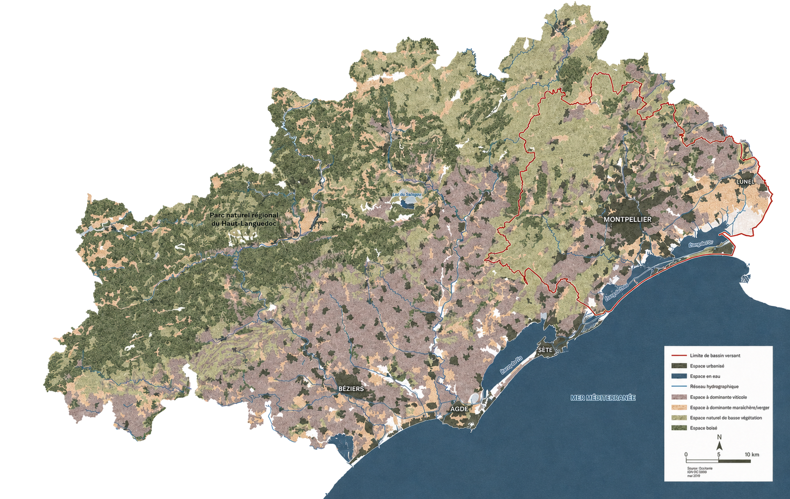 Carte territoriale du bassin versant de Montpellier pour le projet CAFRUA