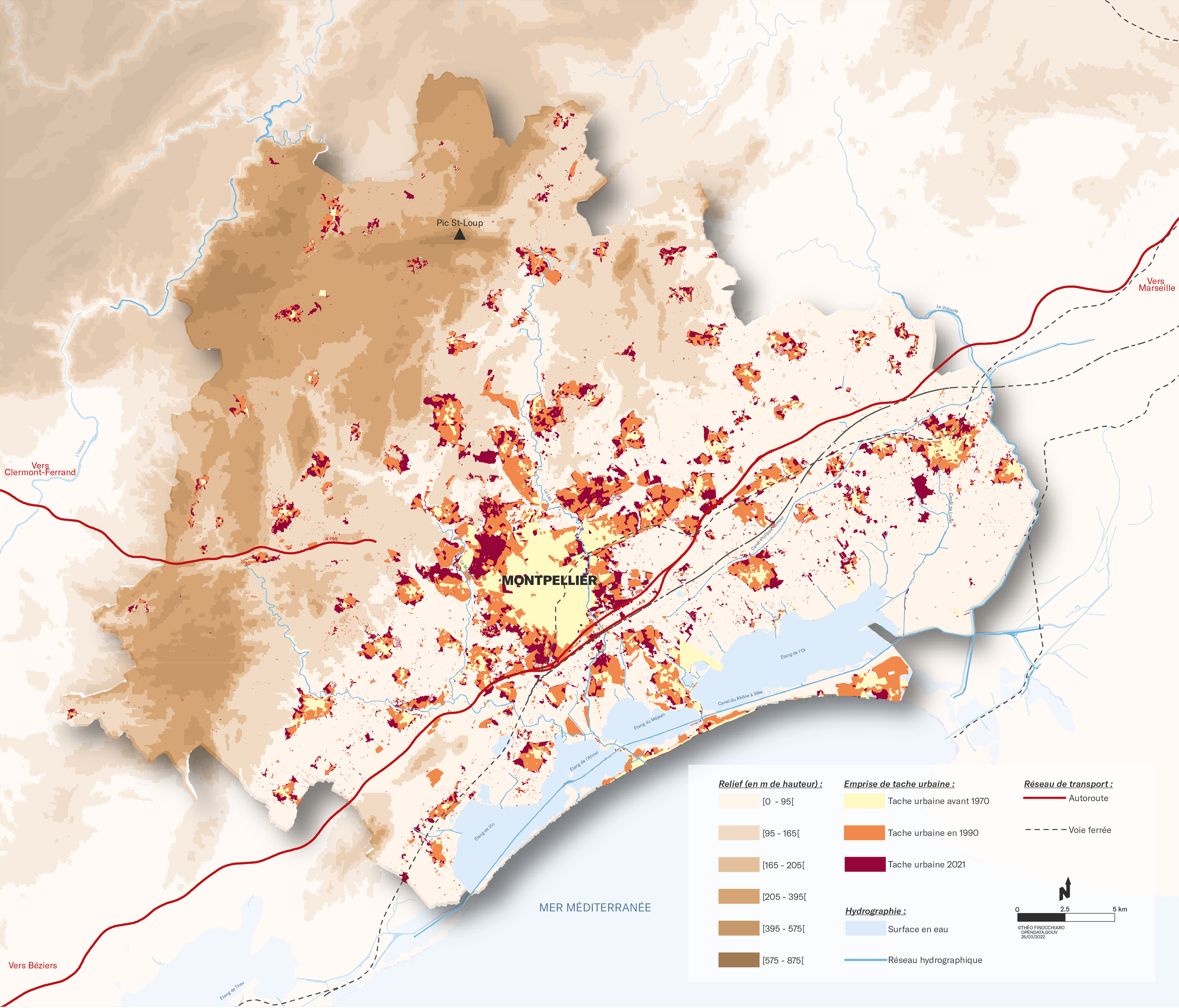 Carte de l'evolution de la tache urbaine autour de Montpellier entre 1970 et 2021
