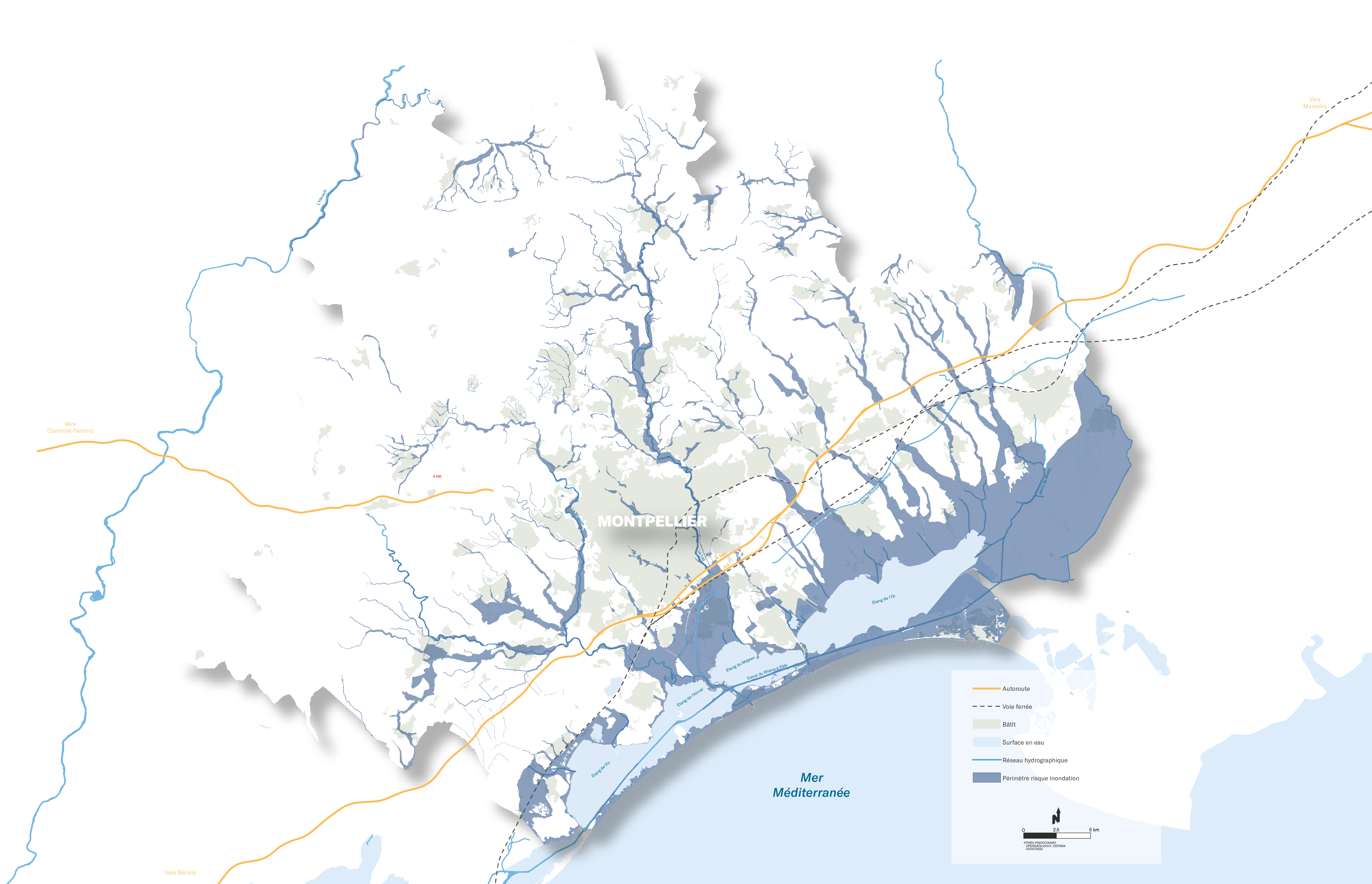 Carte des risques d'inondation autour de Montpellier