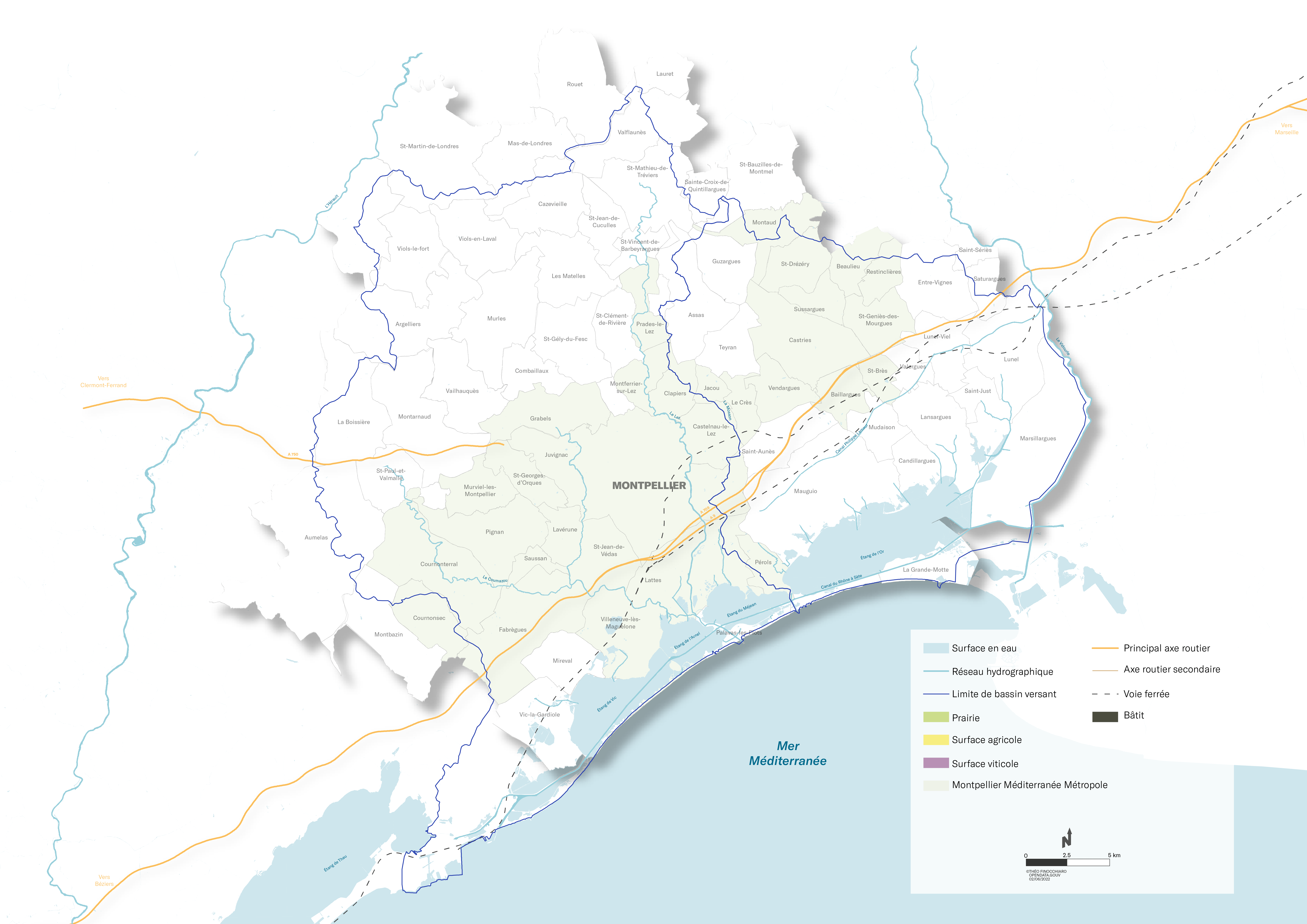 Carte de localisation du territoire d'etude de Montpellier et de ses bassins versants