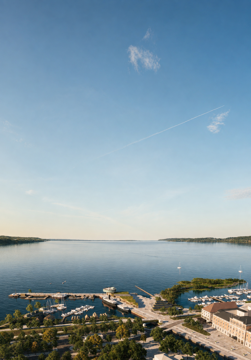 Vue aérienne du projet A City with a View sur les rives du lac Vättern
