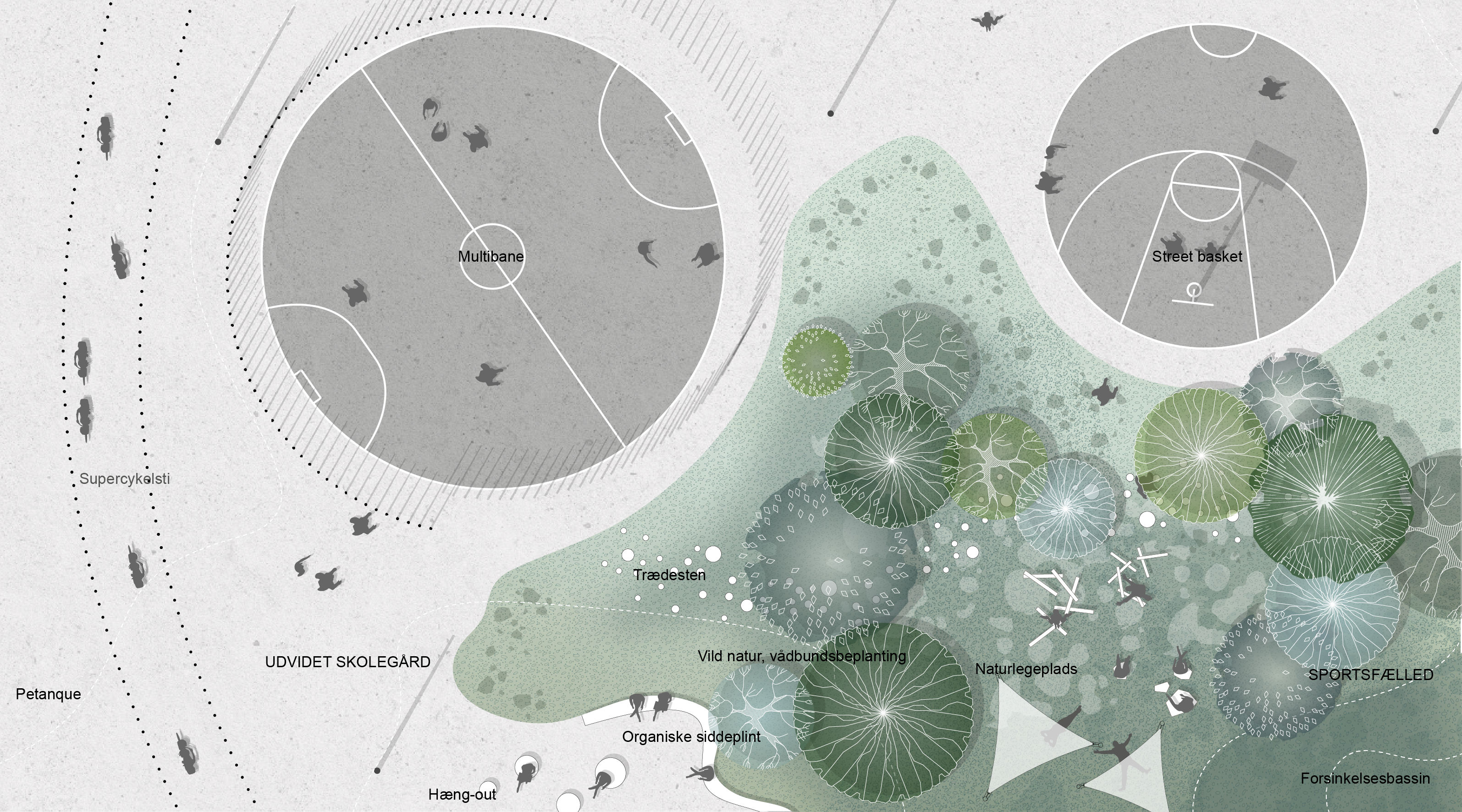 Zoom plan masse autour des terrains et de la lisière sportive à Favrholm