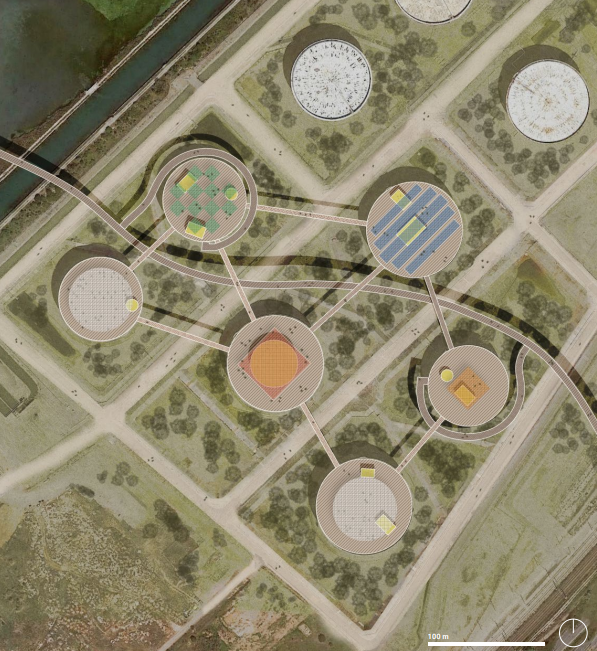 Plan de plateformes circulaires reliées entre elles dans un paysage littoral productif et habité