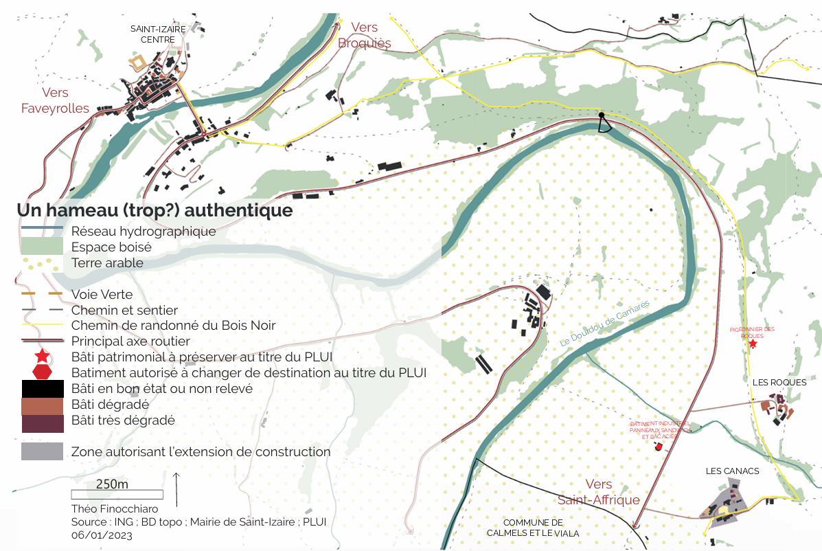 Carte détaillée des Roques et de Saint-Izaire montrant l’hydrographie, les boisements, les terres agricoles, les chemins et l’état du bâti