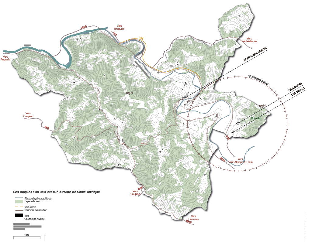 Carte topographique de l’accessibilité des Roques depuis Saint-Izaire, Coupiac et Saint-Affrique