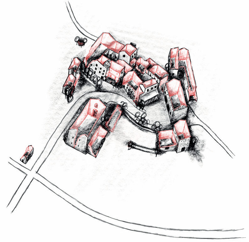 Axonométrie dessinée en noir et rouge du scénario 1 pour Les Roques