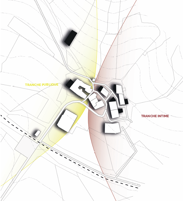 Plan de principe des Roques distinguant une trame publique jaune et une trame intime rouge
