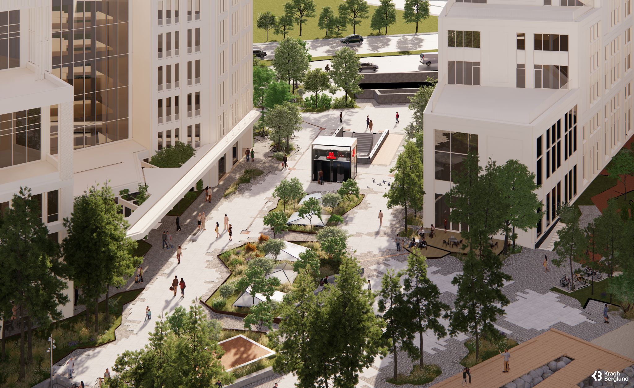 Perspective aerienne de la plaza et de l'entree de metro du projet Sluseholmen