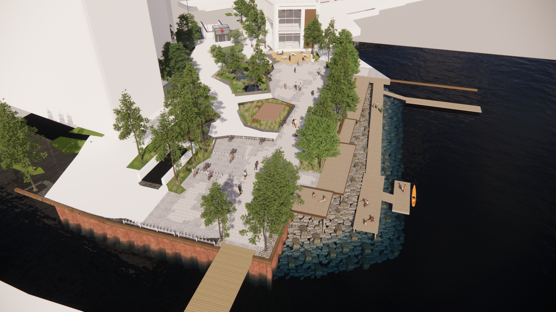 Vue aerienne du waterfront et de la plaza de Sluseholmen